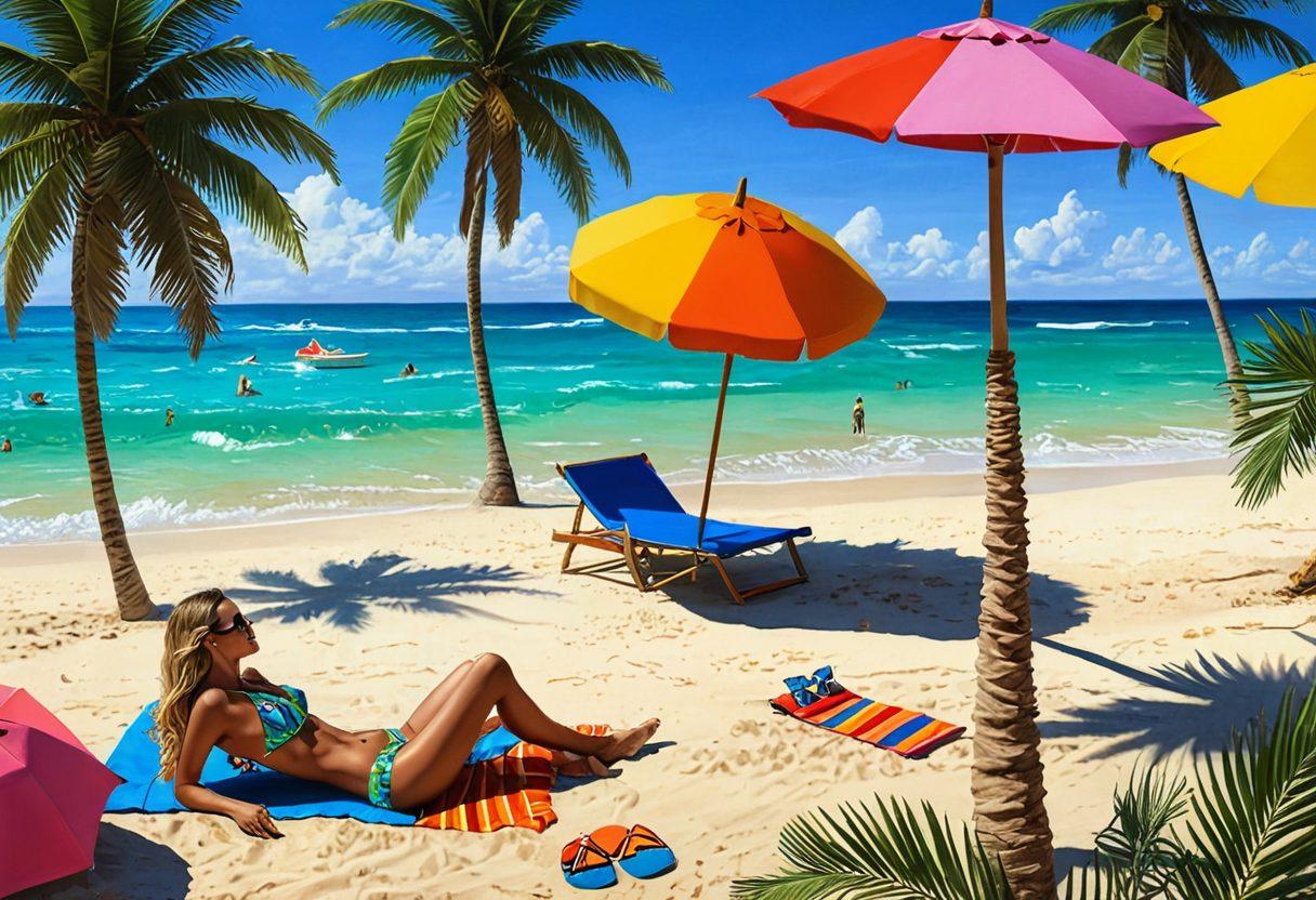 A vibrant beach with a variety of bikini styles on display, featuring diverse models confidently showcasing swimwear. Include elements like tropical palm trees, colorful beach umbrellas, and sandcastles to create a lively atmosphere. A fashion design sketchbook and sewing materials in the foreground symbolize the design process. Bright sunlight casts playful shadows, enhancing the joyful summer vibe. super-realistic. vibrant colors. 3D.